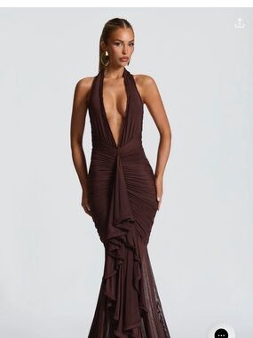 One-Shoulder Plunging Ruching Mermaid Dress in Deep Brown